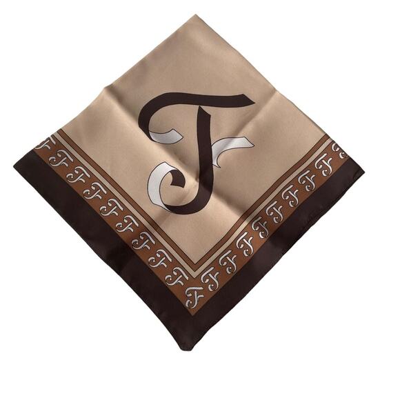 F Script Monogram Scarf Brown Caramel Neutrals Square Made in Italy Vintage EUC - Picture 4 of 7